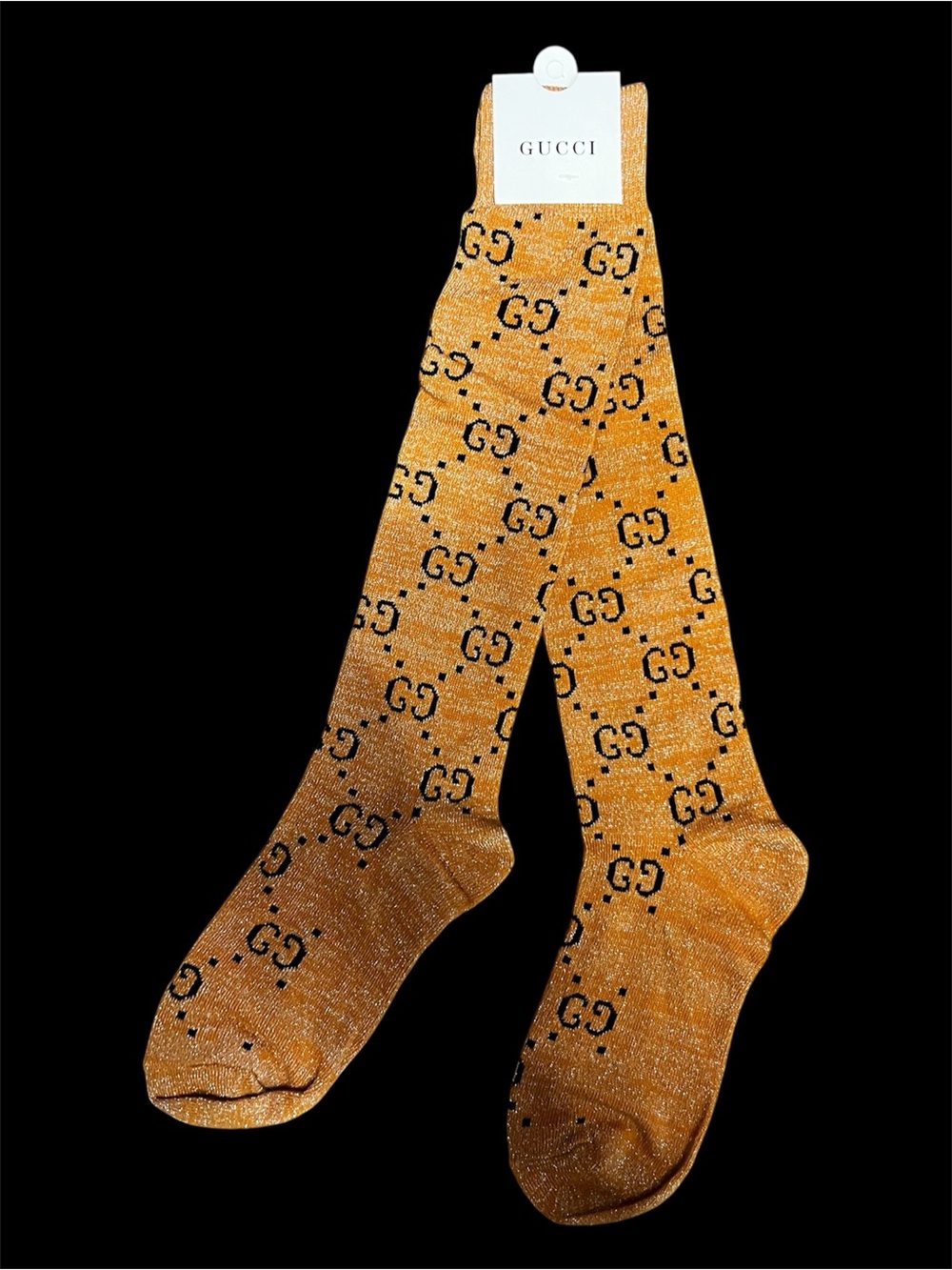 New With Tags Gucci. Gold and Black Lame Sparkle Knee Hight Socks